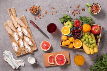 Summer fruit drinks and toast with fruit and cream. Healthy food concept