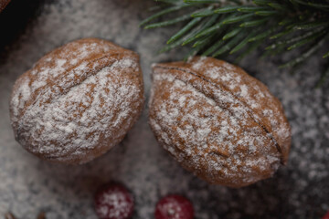 Christmas and New Year concept with Christmas tree decorations, cinnamon and pine cones