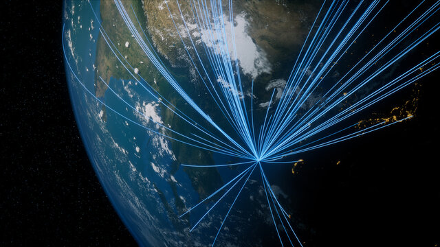 Earth in Space. Blue Lines connect Hong Kong, China with Cities across the World. International Travel or Business Concept.