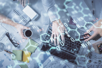 Double exposure of man and woman working together and formula hologram drawing. Computer background. Top View. Education concept.