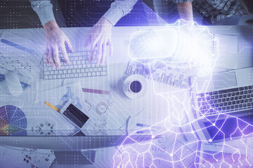 Double exposure of man and woman working together and man in virtual glasses hologram drawing....