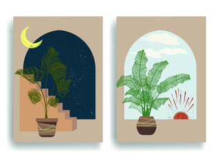 Modern poster with minimalist design elements . Windows and arch in Boho style  . Wall art , home deco . Vector abstract shape.