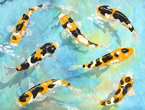 Koi carps on an abstract background of watercolor stains. Painting for the interior.