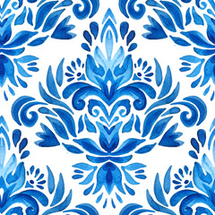 Abstract blue and white hand drawn damask flower tile seamless ornamental watercolor paint pattern.