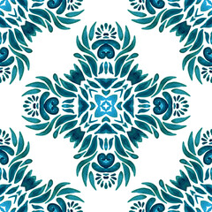 Arabesque hand drawn tile seamless ornamental watercolor paint pattern.