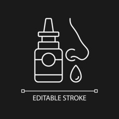 Nasal spray white linear icon for dark theme. Relieve nasal discomfort. Treat sinus congestion. Thin line customizable illustration. Isolated vector contour symbol for night mode. Editable stroke