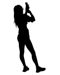 Young woman holds a smartphone in her hand. Isolated silhouettes of people on a white background