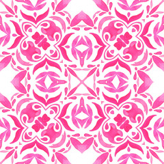Gorgeous damask background.Abstract pink and white hand drawn tile seamless ornamental watercolor paint pattern.