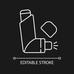 Inhaler white linear icon for dark theme. Preventing asthma attacks. Deliver medication to lungs. Thin line customizable illustration. Isolated vector contour symbol for night mode. Editable stroke