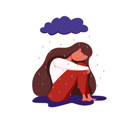 Obraz premium Depressed sad lonely woman in anxiety, sorrow vector cartoon illustration.