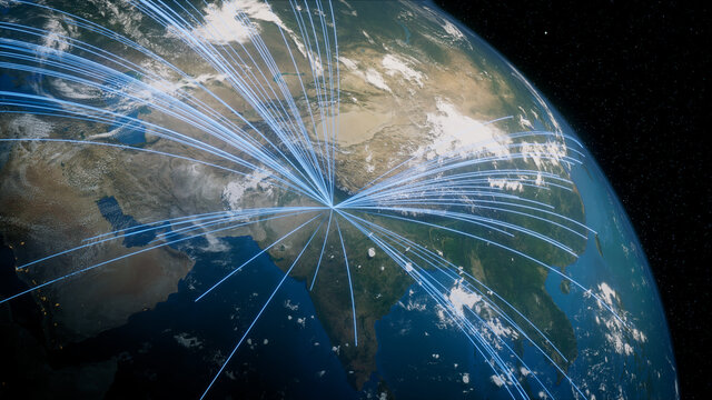 Earth in Space. Blue Lines connect Delhi, India with Cities across the World. Global Travel or Communication Concept.