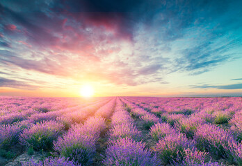 Beautiful landscape of lavender fields at sunset near Sault, Provence-France