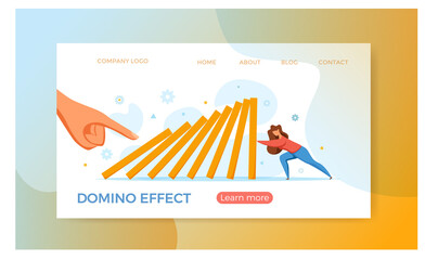 Domino effect of businessman pushing hard against falling domino vector illustration.