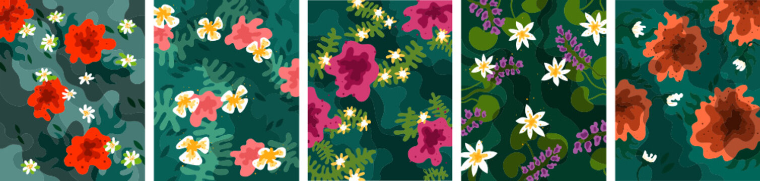 Five flower patterns, vector graphics for greeting cards, weddings, holidays and other decoration
