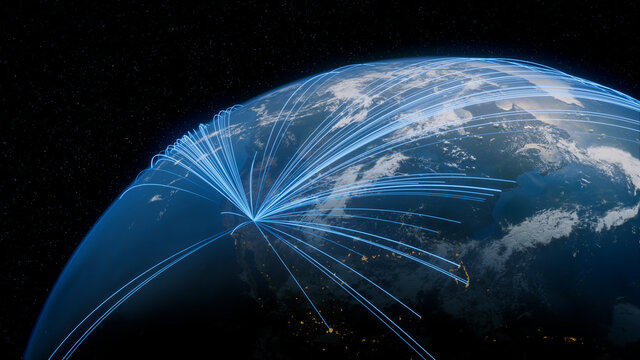 Earth in Space. Blue Lines connect Las Vegas, USA with Cities across the World. Worldwide Travel or Networking Concept.