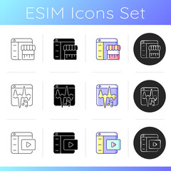 Online platforms icons set. E-commerce. Music streaming service. Streaming video content. Digital middleman. Listening to songs. Linear, black and RGB color styles. Isolated vector illustrations