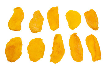 Dry tasty mango slices isolated on a white background.