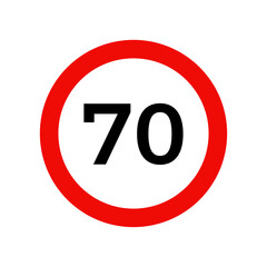 Speed limit 70 kmh sign of road traffic maximum speed vector icon.
