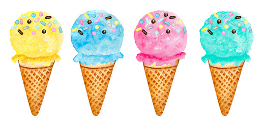 Watercolor Ice Cream. Strawberry, Lemon, Mint and Chocolate Ice Cream Scoop with Cone. Ice Cream Scoop Clip Art
