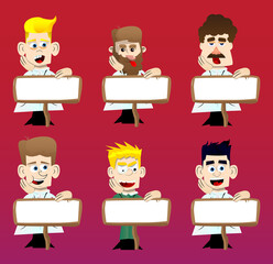 Funny cartoon doctor with blank paper on wood. Vector illustration. Health care worker advertising with blank banner.