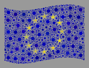 Waving mosaic Europe flag designed of virulent items. Europe flag collage is done of scattered pathogen items. Vector covid collage waving Europe flag constructed for inoculation propaganda.
