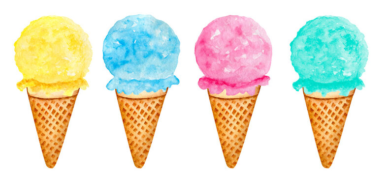  Watercolor set of ice cream Scoop in a waffle cone. Watercolor summer ice cream set