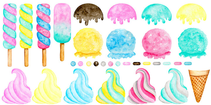 Watercolor ice cream clipart set. Popslice, waffle cone, Scoop, soft ice cream, sprinkling isolated elements on white background