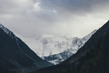 Atmospheric landscape with high snowy mountain wall and glacier in valley among dark silhouettes of rocks under cloudy sky. Dramatic view to snow-covered pinnacle. White snow mountains and black rocks