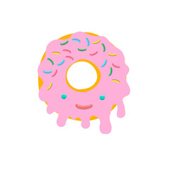 Illustration of a donut in pink glaze with multi-colored pastry topping in kawaii style isolated on a white