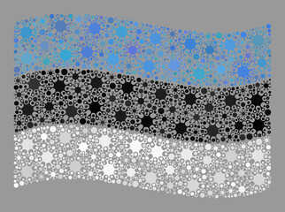 Waving mosaic Estonia flag designed of coronavirus icons. Estonia flag collage is formed with randomized bacteria icons. Vector covid mosaic waving Estonia flag designed for vaccination applications.