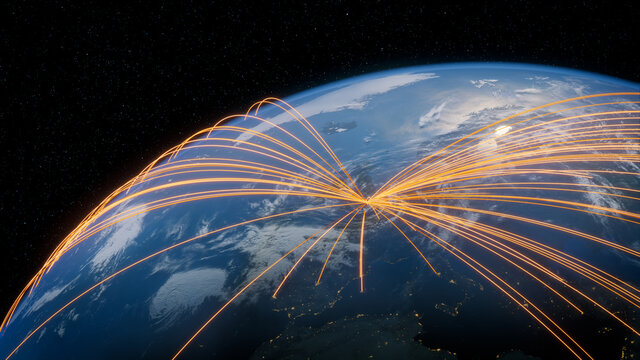 Earth in Space. Orange Lines connect London, UK with Cities across the World. Global Travel or Networking Concept.