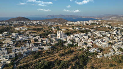 Fototapeta na wymiar Aerial drone photo of picturesque uphill village of Tripiti with great views to bay of Adamantas near main town and capital of Milos island, Cyclades, Greece