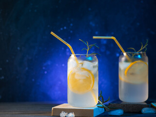 Beautiful cold cocktails with lemon and rosemary. Gin and tonic in a glass. Bright color lighting, bar menu copy space