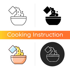 Add cooking ingredient icon. Pour flour to mixture. Baking guide step. Cooking instruction. Food preparation process. Linear black and RGB color styles. Isolated vector illustrations