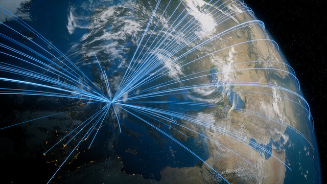 Earth in Space. Blue Lines connect Munich, Germany with Cities across the World. Worldwide Travel or Communication Concept.