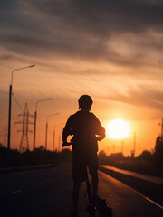 Fototapeta premium Silhouette of a young man on an electric scooter, a straight road ahead towards the sunset