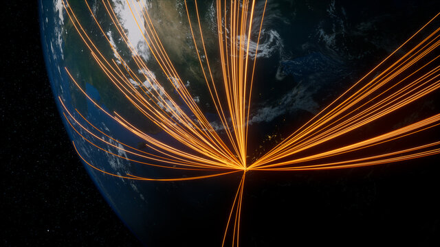 Earth in Space. Orange Lines connect Tokyo, Japan with Cities across the World. Global Travel or Networking Concept.