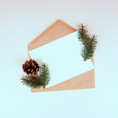 Christmas tree in envelope, minimal New Year s card. Spruce branch on pink background. Holidays, Congratulation concept