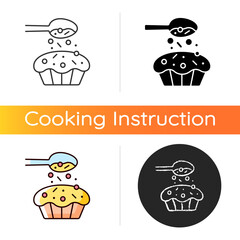 Sprinkle for baking icon. Pouring topping from spoon on cupcake. Dessert recipe. Cooking instruction. Food preparation process. Linear black and RGB color styles. Isolated vector illustrations