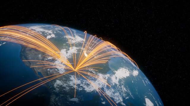 Earth in Space. Orange Lines connect Dallas, USA with Cities across the World. Worldwide Travel or Networking Concept.