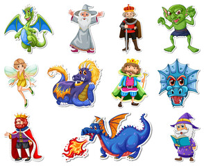 Sticker set with different fantasy cartoon characters