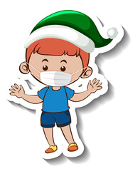 A sticker template with a boy wearing mask in Christmas theme
