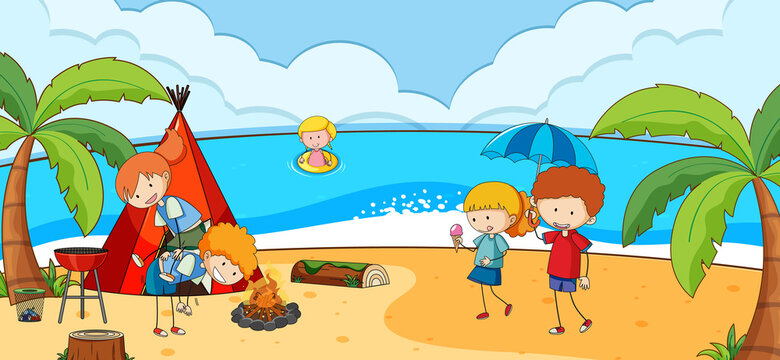 Beach scene with many kids doodle cartoon character