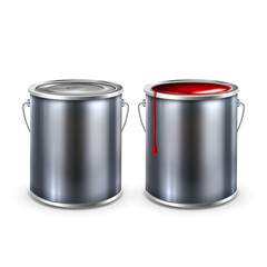 Paint Blank Opened And Closed Buckets Cap Vector. Metallic Container With Color Paint. Painter Chemical Liquid For Painting Surface. Diy Renovation Template Realistic 3d Illustration
