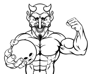 Devil Bowling Sports Mascot Holding Ball