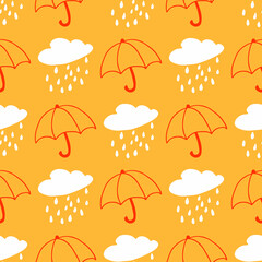 Colorful rainy seamless pattern. Vector rain background with doodle clouds and umbrellas. Cute dear pattern for textiles. Delicate colors for baby fabrics, wallpapers, packaging. 