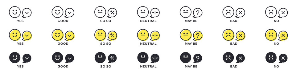 Emotion Icon Pack - Good, Bad, Maybe. Evaluation or rating - good, bad, neutral. Vector emotional emoticons with grade level symbol.