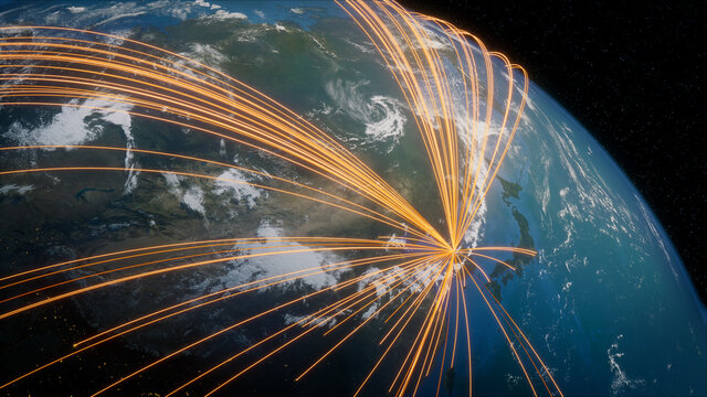 Earth in Space. Orange Lines connect Seoul South, Korea with Cities across the World. Worldwide Travel or Networking Concept.