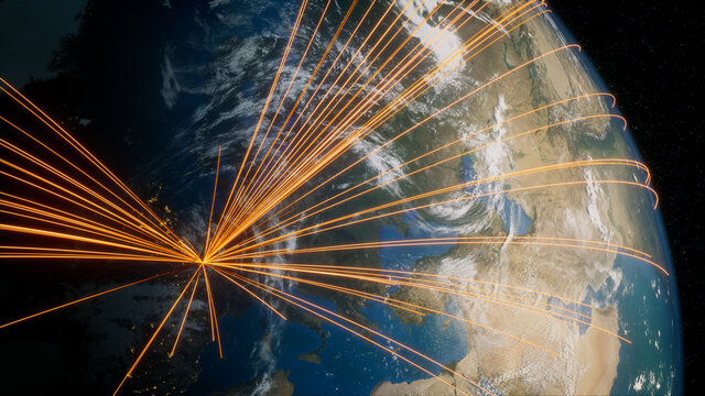 Earth in Space. Orange Lines connect Paris, France with Cities across the World. International Travel or Business Concept.