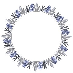 circle frame with purple bud and grey leaves for greeting and wedding card
